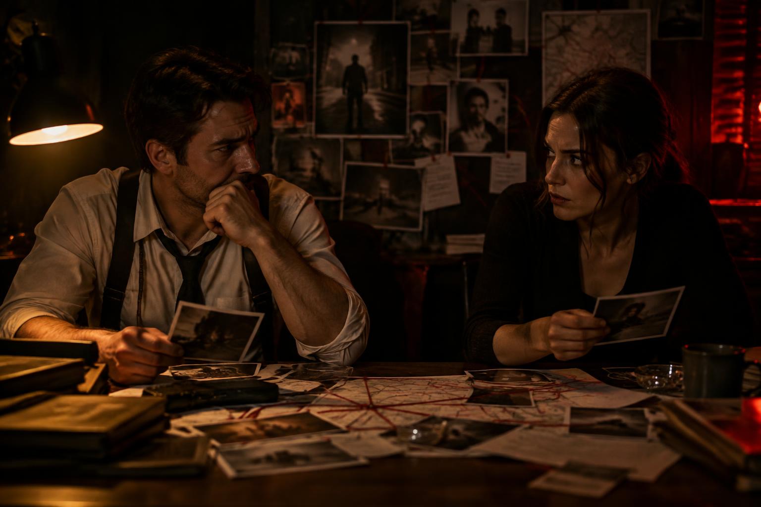Pareja analizando un expediente criminal